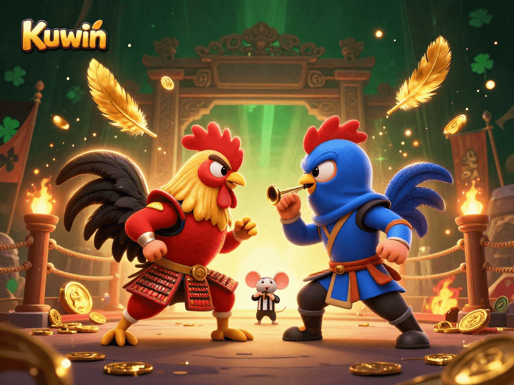 Witness Kuwin's thrilling showdown with cartoon roosters in an epic gambling arena filled with gold.