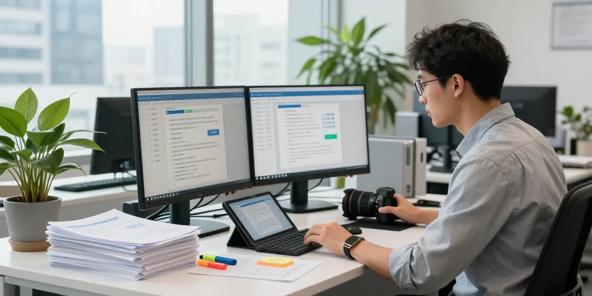 Professional analyst engaging with document fraud detection tools in a modern workspace.