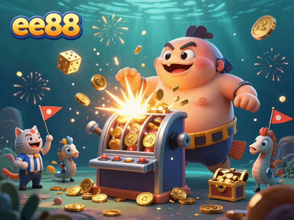Experience the thrilling energy of ee88 in this vibrant underwater casino scene featuring a slot machine jackpot.