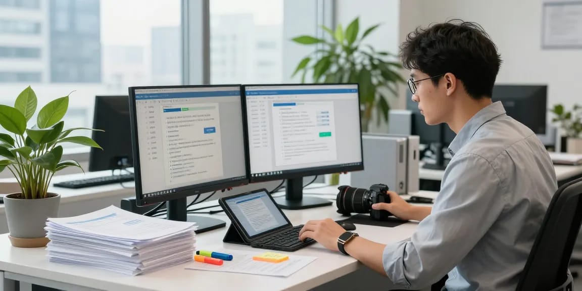 Professional analyst engaging with document fraud detection tools in a modern workspace.
