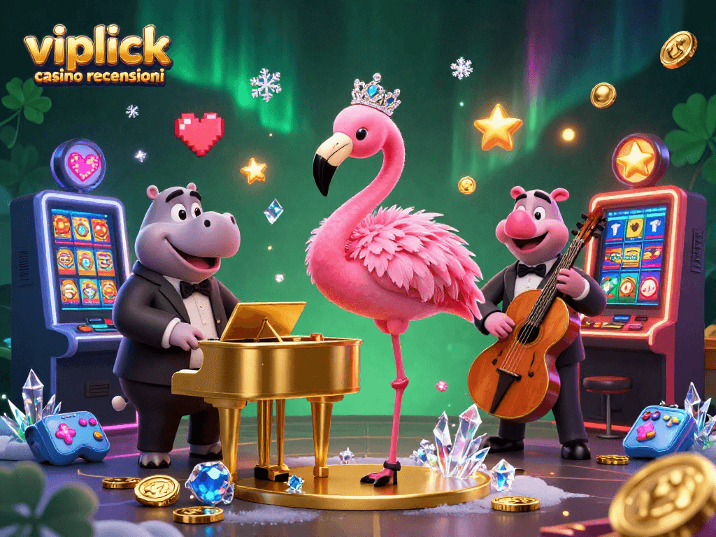 Scopri le recensioni del casino VIPLuck: curiosa scena di gioco con giraffa e ippopotamo che cantano e suonano