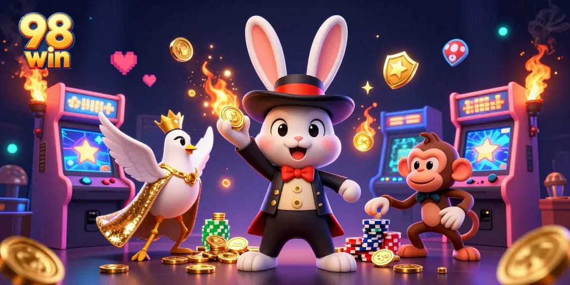 Experience thrilling wins with 98 win as a magician rabbit enchants golden coins in this vibrant scene.