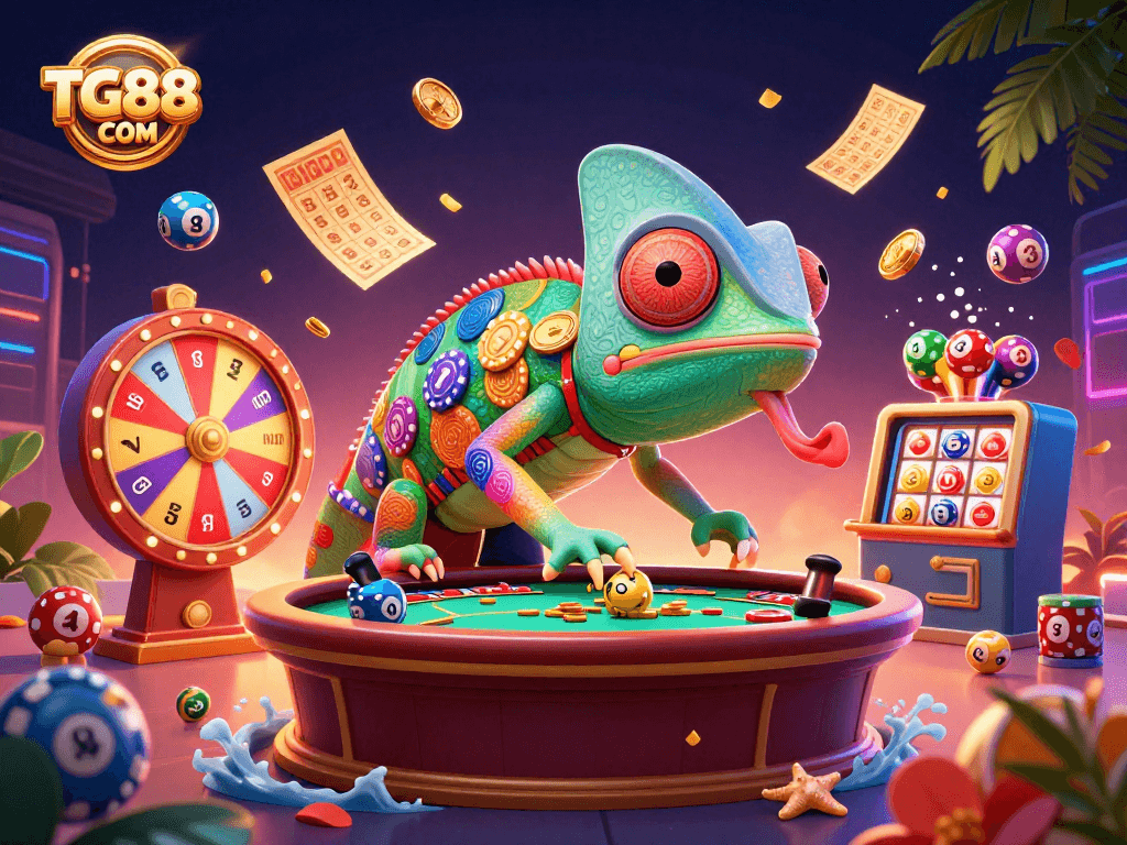 Experience thrilling gameplay at TG88COM with vibrant lottery elements and golden casino treasures.