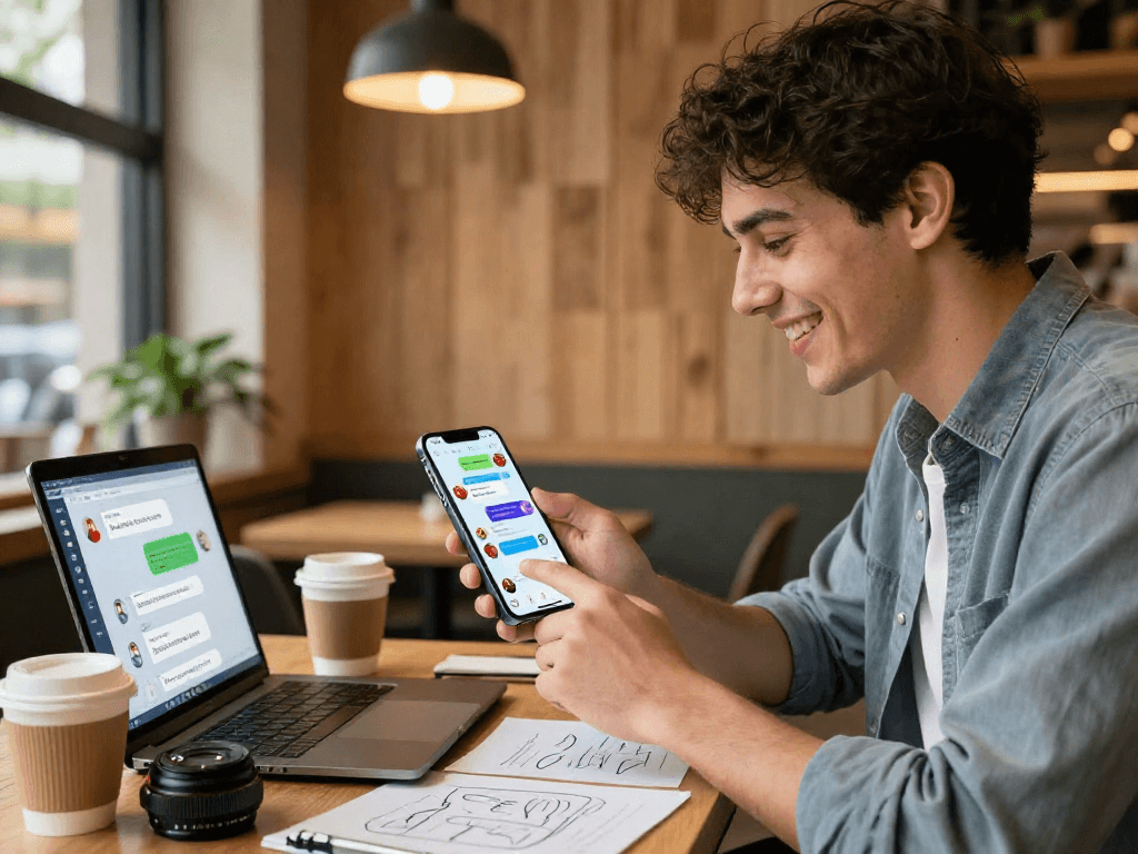 Engaging in spicy chat AI interactions on a smartphone in a cozy cafe.