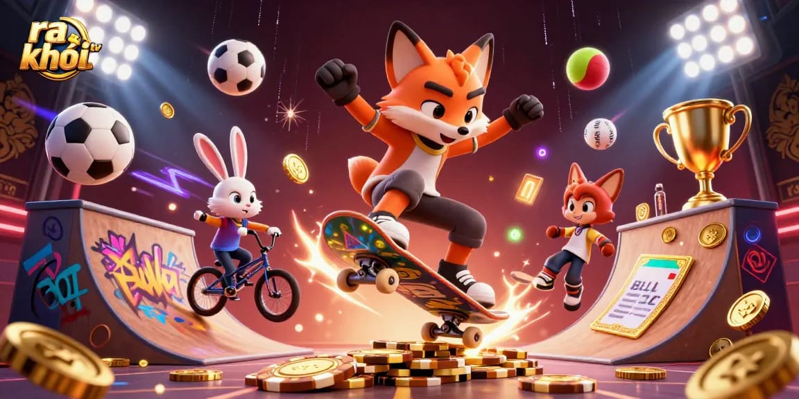 Experience ra khơi tv with thrilling sports ball action and dynamic gambling elements in vibrant 3D illustration.