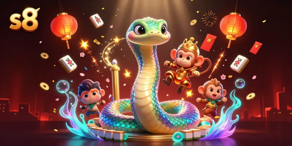 S8 online casino illustration featuring a vibrant scene with a rainbow serpent, monkey king, and casino elements.
