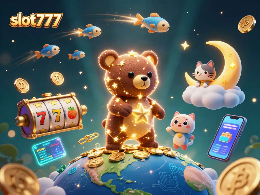Engage with slot777 as a constellation bear gathers golden coins amidst vibrant slot symbols.