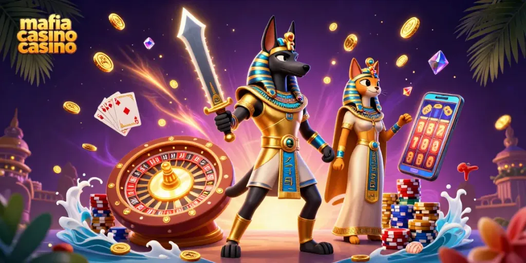 Engage in adventure with mafia casino casino as ancient Egyptian warriors conjure luck amidst cascading coins.