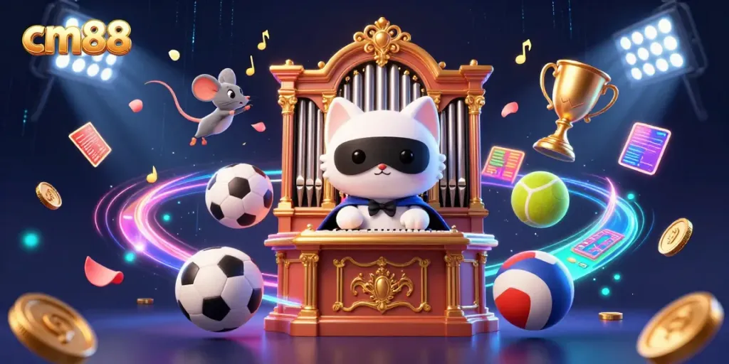 Experience thrilling gameplay at cm88 with a whimsical 3D casino scene featuring a masked cat and playful elements.