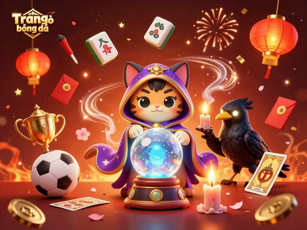 Engage in Trang cá độ bóng đá with this vibrant illustration featuring a fortune teller cat and sports betting elements.