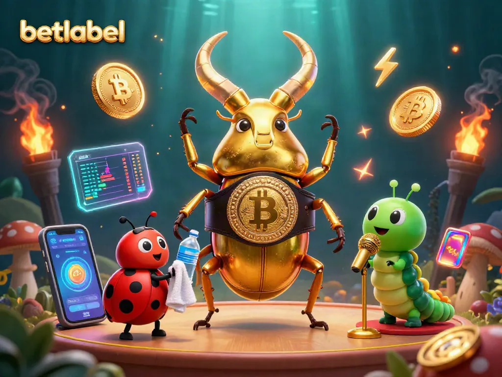 Engage in thrilling gaming at Betlabel with vibrant golden characters and crypto elements.