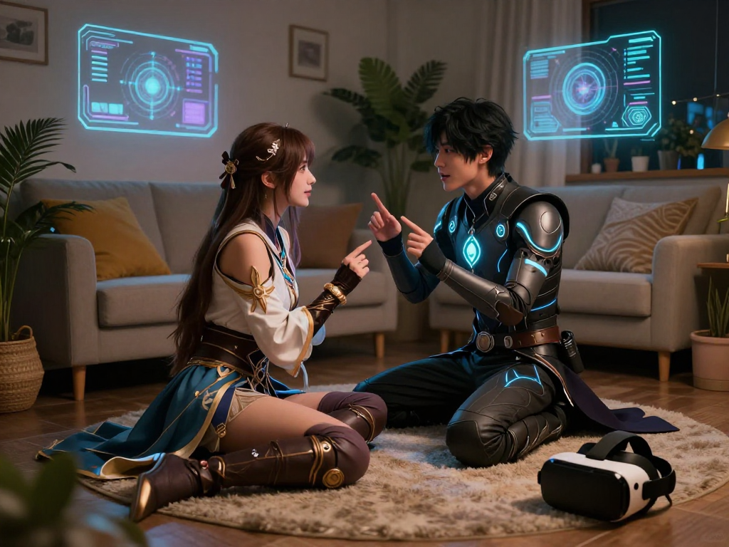 Engaging NSFW AI roleplay scene with immersive avatars in a cozy, tech-infused environment.