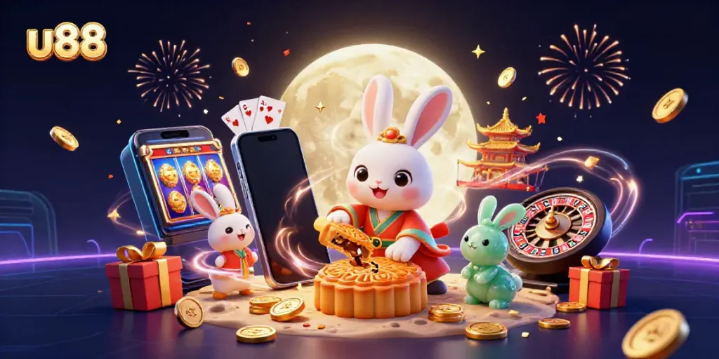 Engage in the excitement of u88 with a moon rabbit pounding mooncakes revealing poker chips, surrounded by festive casino elements.