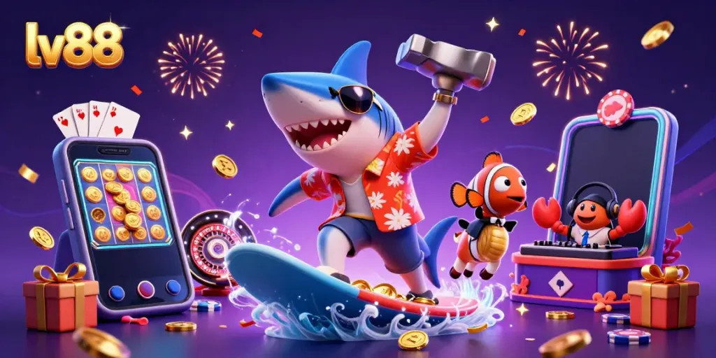 Experience the thrill of lv88 with a shark surfing gold coins and vibrant casino elements.