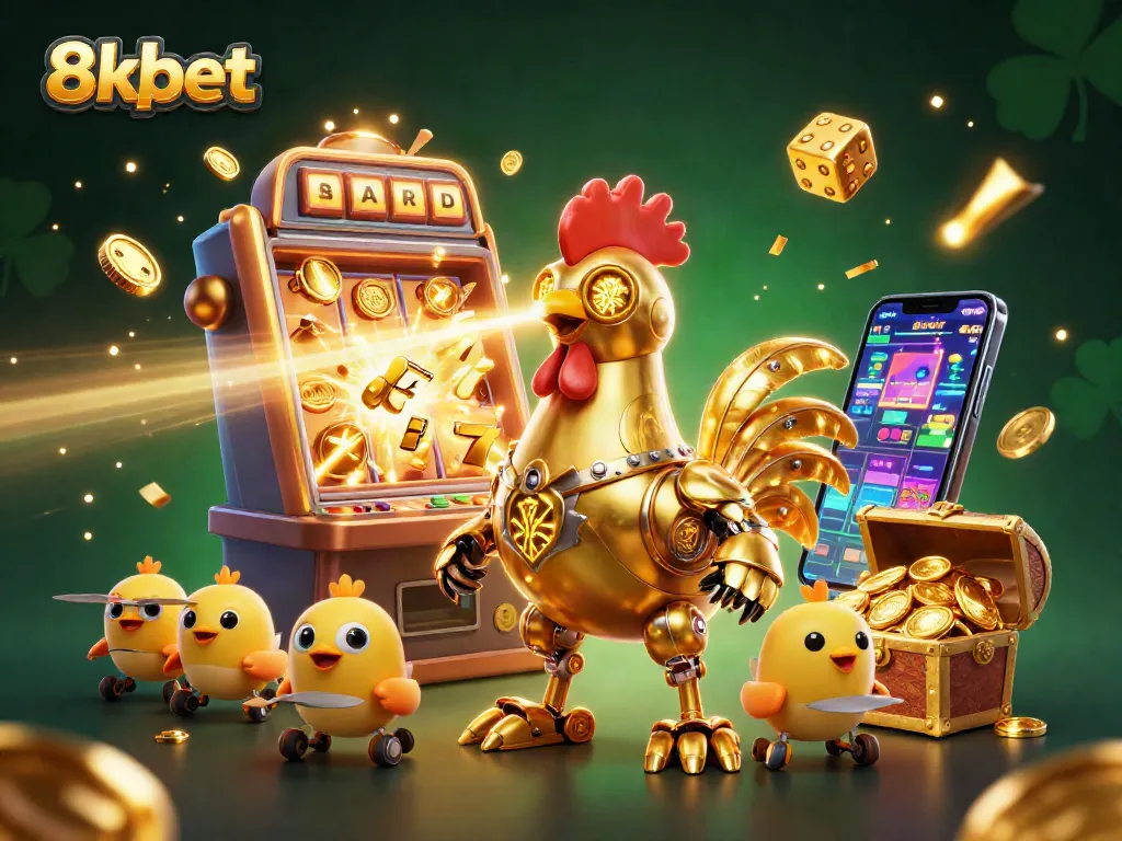 Engage with thrilling 8xbet gaming visuals featuring vibrant jackpots and a futuristic rooster robot.