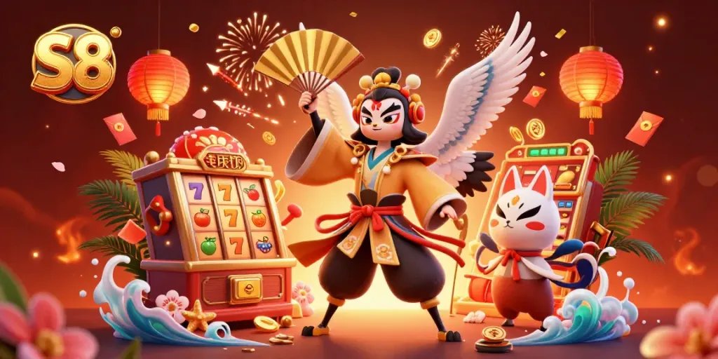 S8 online casino scene showcasing vibrant characters and slot elements in a dynamic layout with dramatic lighting.