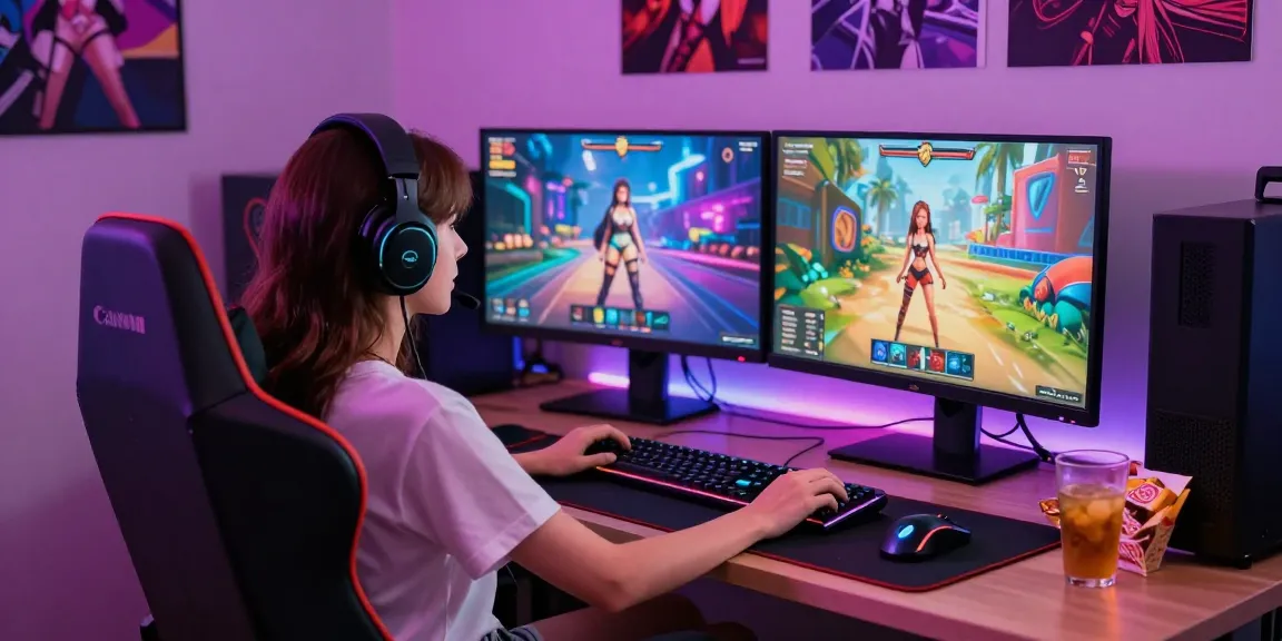 Immersive gaming scene with a female gamer playing a female porn game, showcasing vibrant graphics and comfortable setup.