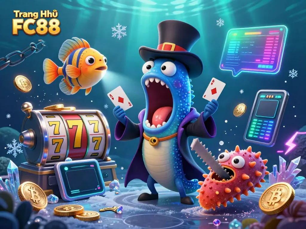Engage with the exciting world of slots at Trang Chủ FC88 featuring vibrant underwater characters and casino symbols.