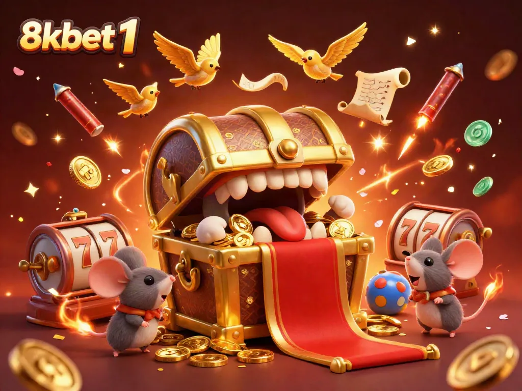 Experience the thrill at 8xbet1, featuring a treasure chest mimic inviting players with riches and interactive casino elements.
