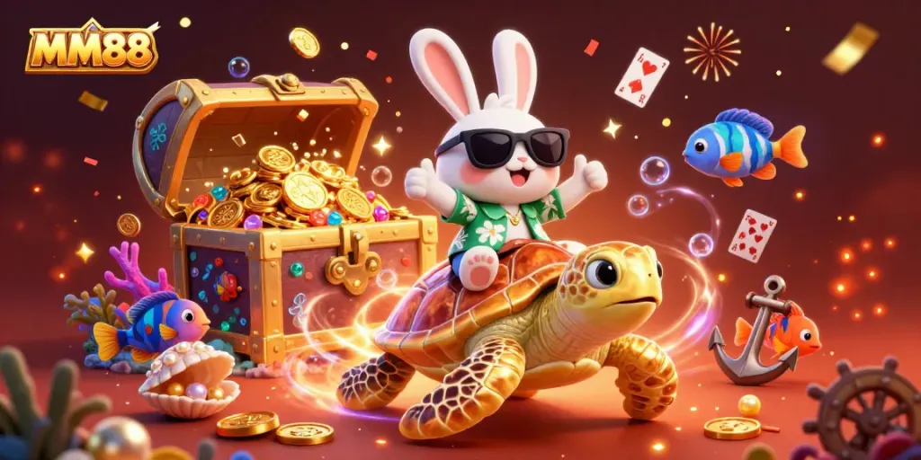 Experience the lively MM88 atmosphere with a lucky rabbit and golden turtle in this dazzling underwater casino scene.
