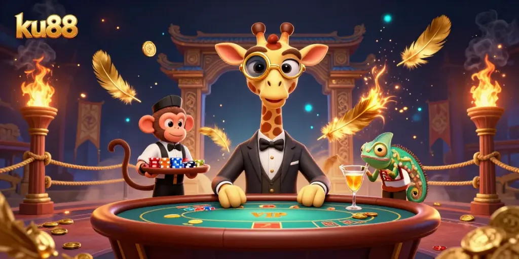 Engage in exciting gambling moments at ku88 with high-roller giraffe and cocktail bartender.
