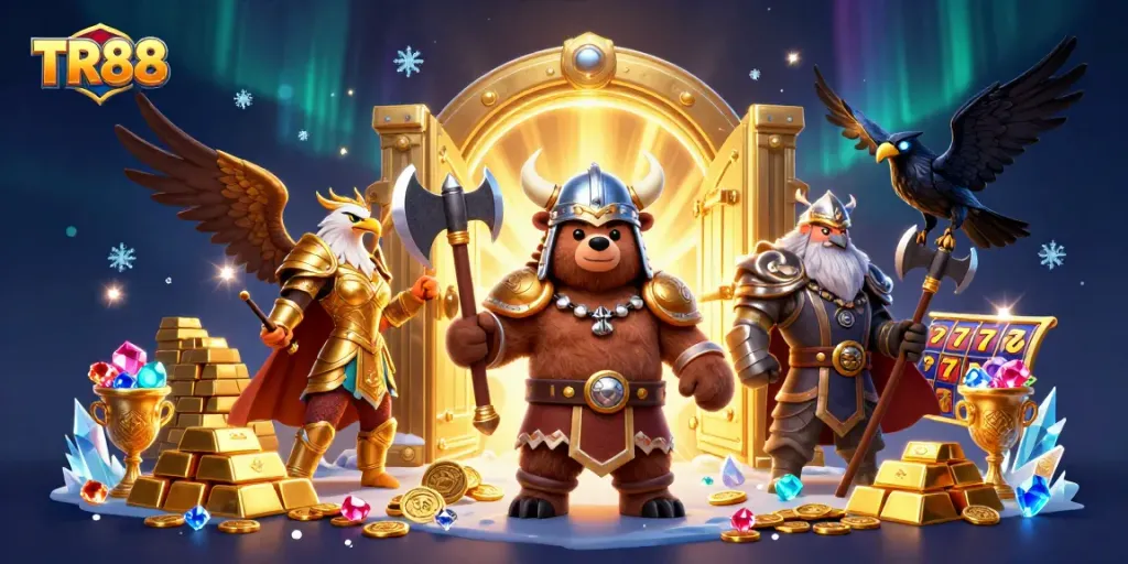 Experience the excitement of TR88 casino gaming with vibrant 3D characters and treasures.