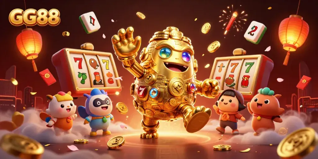 Spin the reels with GG 88 in this vibrant 3D casino scene filled with lucky symbols.