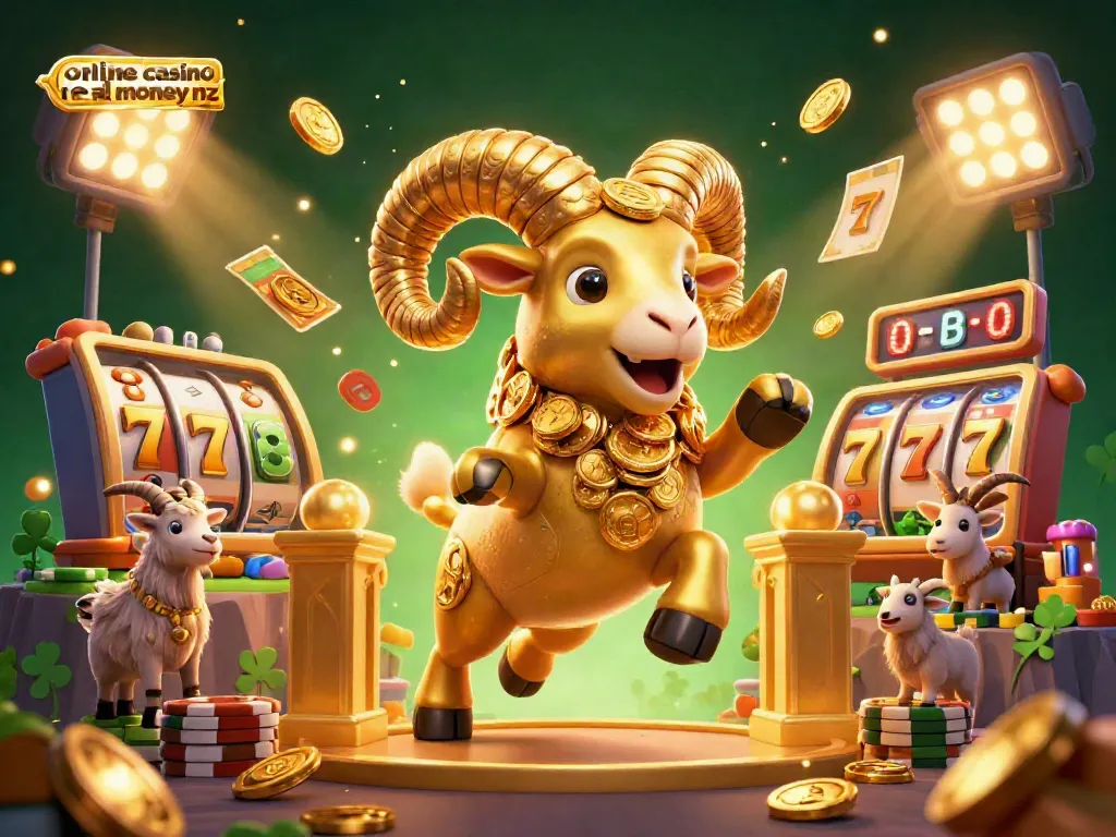 Experience excitement in online casino real money nz with a charging golden ram amidst vibrant slot game elements.