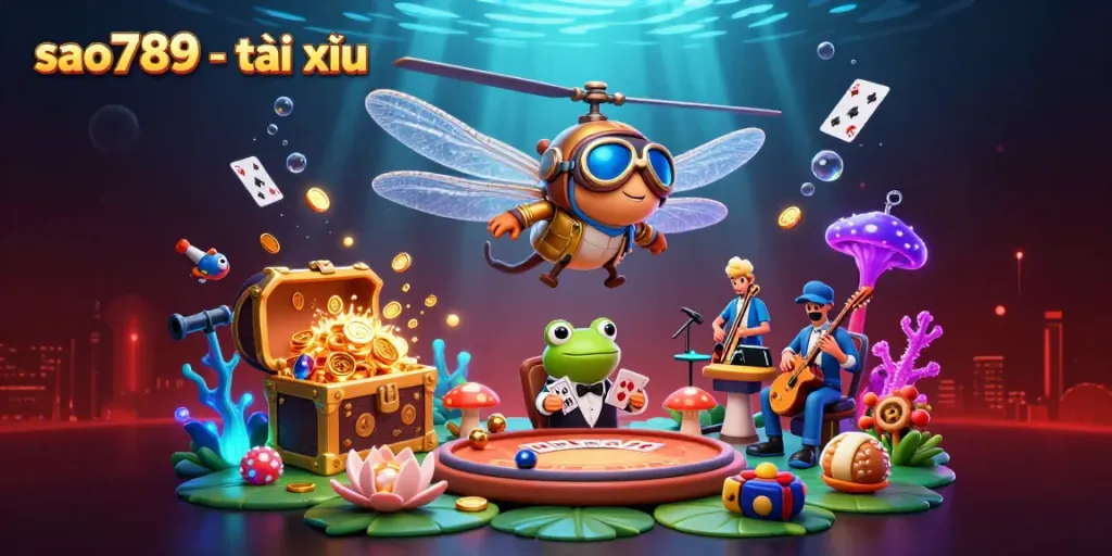 Experience exciting gameplay with sao789 - tài xỉu as a frog croupier deals cards amidst vibrant underwater treasures.