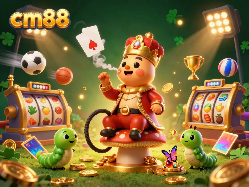 Experience exciting gameplay at cm88 with a vibrant 3D illustration of a whimsical casino scene full of games.