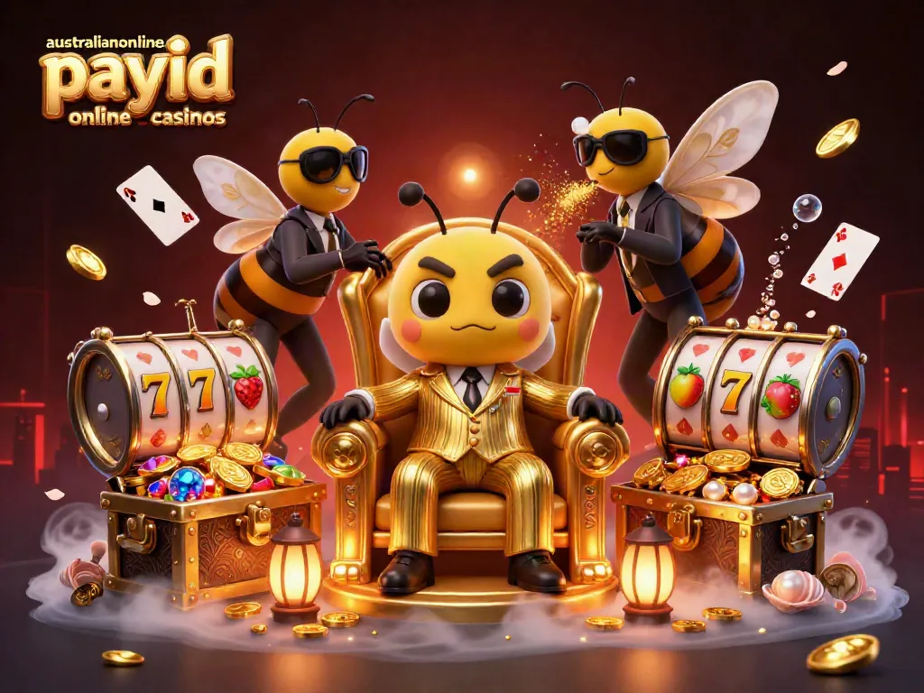 Engaging illustration of australianonlinecasino payid online casinos showcasing a bumblebee mob boss and vibrant gaming elements.