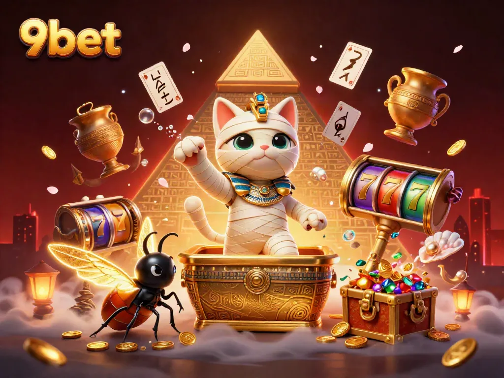 Experience the thrill of 9bet with a lively scene featuring a mummy cat and treasure.