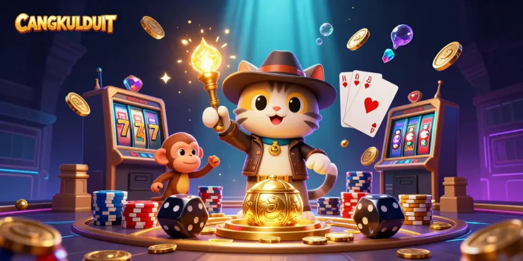 CANGKULDUIT reveals a fun casino scene with a cat explorer and monkey companion discovering treasures.