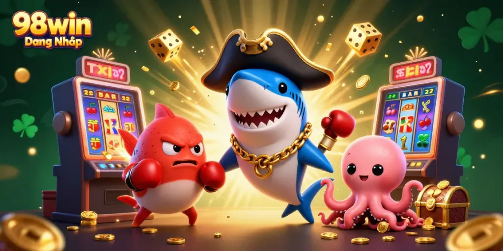 Experience thrilling action with 98win Đăng Nhập, featuring a pirate shark and friends in a vibrant casino scene.