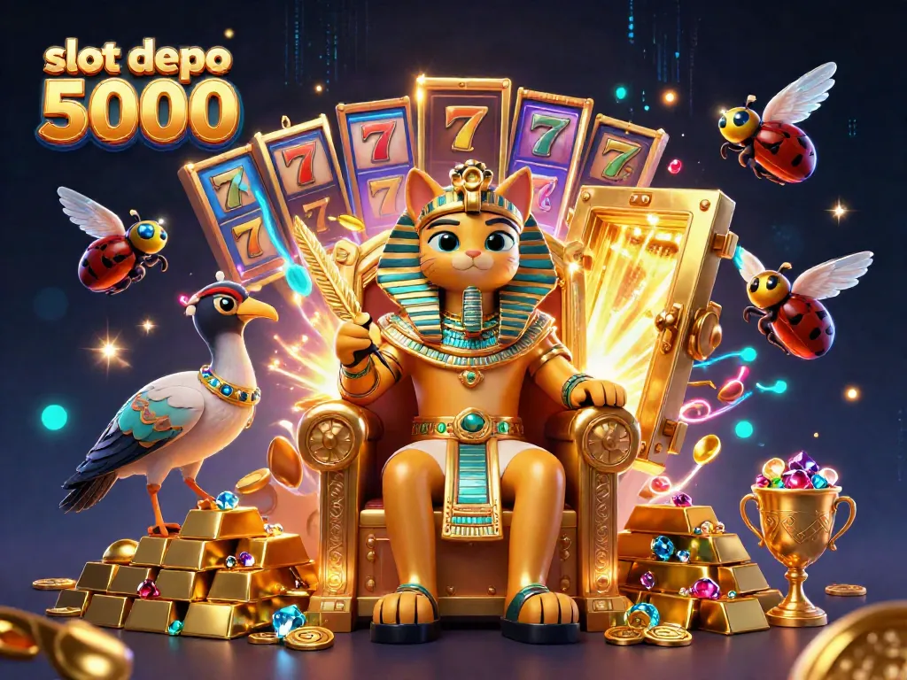 Experience the thrill with slot depo 5000 through a vibrant 3D casino scene featuring jackpots and treasures.