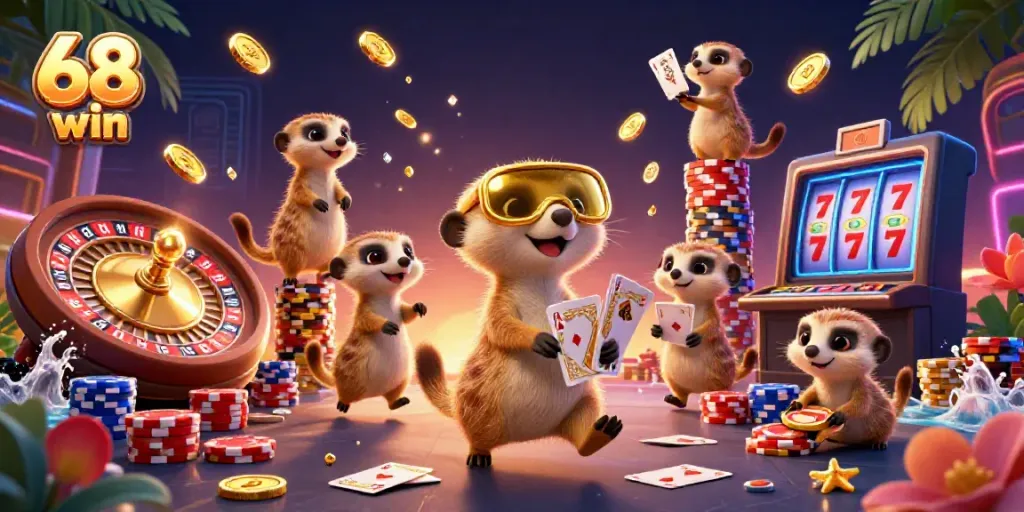 Bet on excitement at 68 win featuring clever meerkats in a vibrant, lively casino setup.