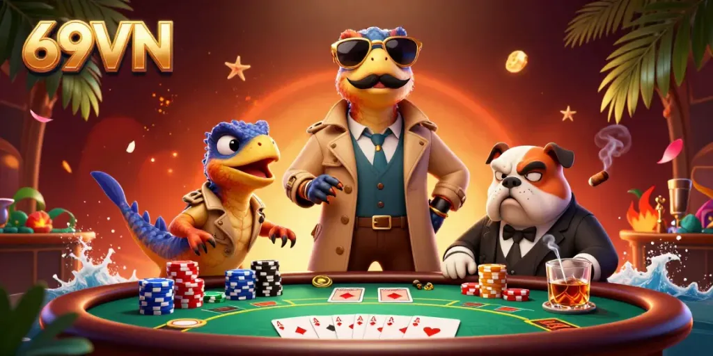 Engage in thrilling gameplay at 69VN with raptors entering a VIP casino lounge amid vibrant gaming elements.