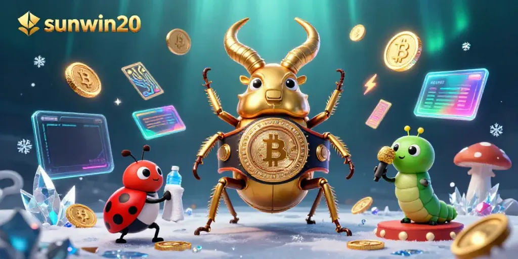 Engage with sunwin20's vibrant casino world featuring a giant beetle boxer and crypto elements.
