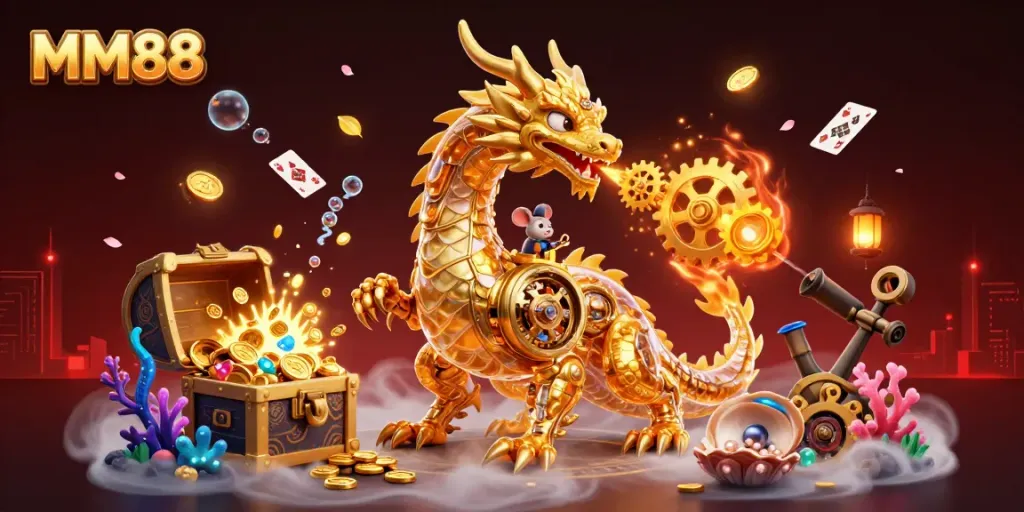 Engage with MM88 through a vibrant underwater scene featuring a golden dragon and treasure elements.