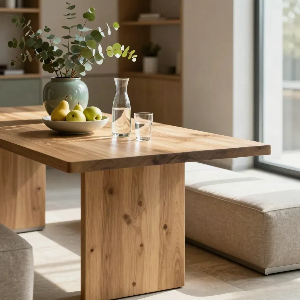 Area pausa rinnovata con tavolo in rovere, frutta, acqua in vetro e piante in una sede PMI luminosa.