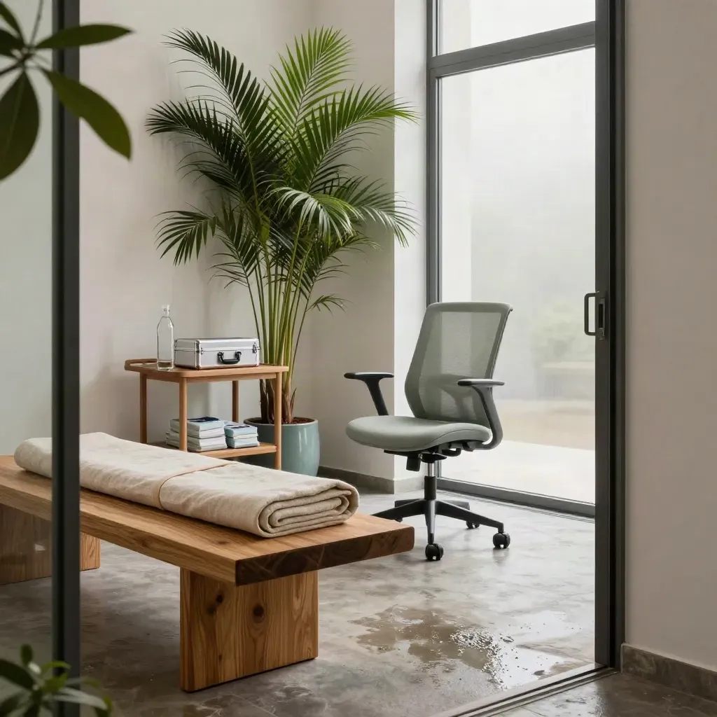 Angolo benessere biophilic in ufficio italiano con panca, tappetino, sedia ergonomica e piante.
