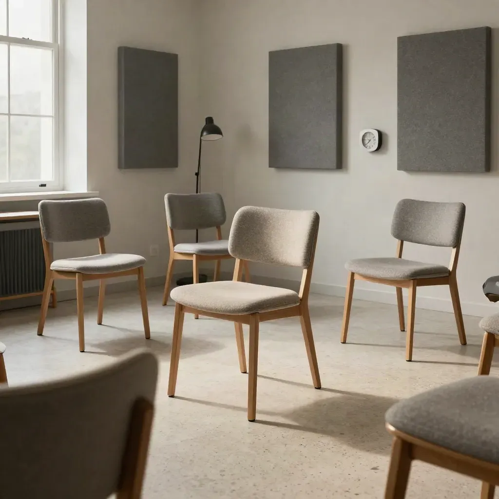 Sala workshop vuota con sedie in semicerchio, timer e luce naturale radente.