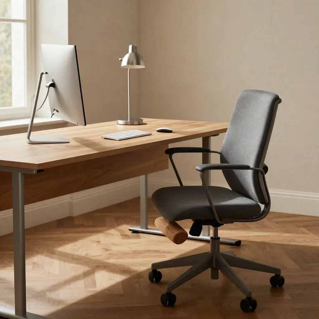 Postazione ergonomica corretta con sedia, poggiapiedi in sughero e lampada da tavolo
