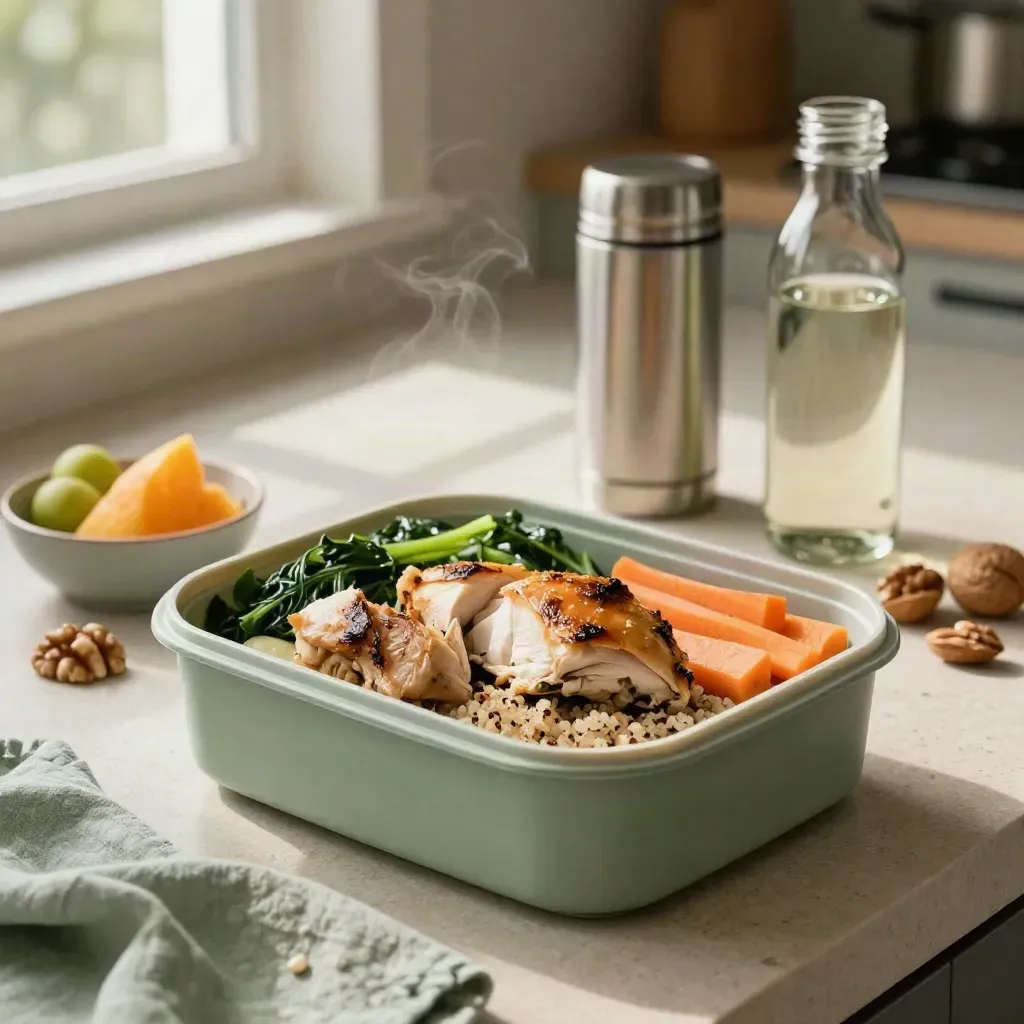 Vassoio meal-prep con frutta, frutta secca, thermos e bottiglia d’acqua su piano cucina.