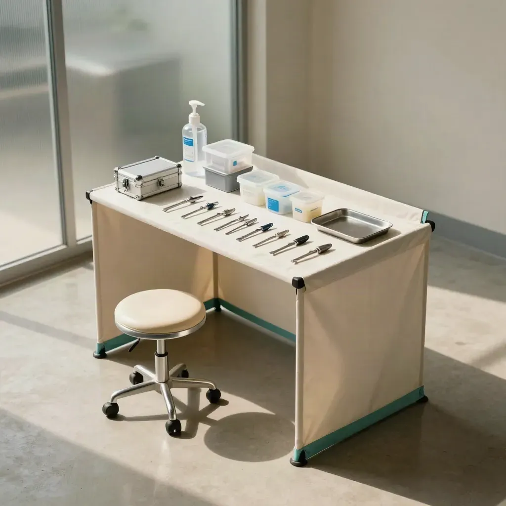 Area screening in ufficio con tenda privacy piegata, seduta medica e kit sterilizzati.