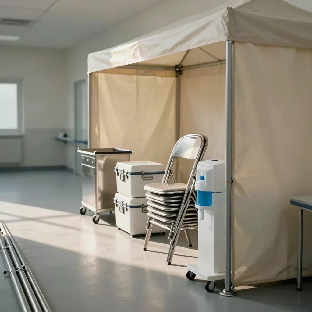 Stazione screening aziendale con tenda privacy, sedute pieghevoli e carrello sanitario ordinato