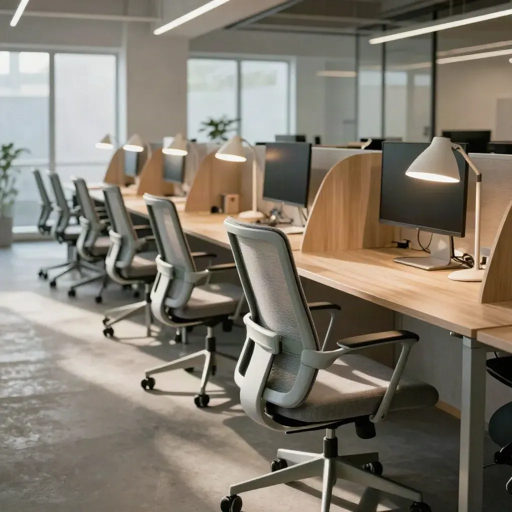 Ufficio open space rinnovato con sedie ergonomiche, lampade uguali e luce calda del pomeriggio.