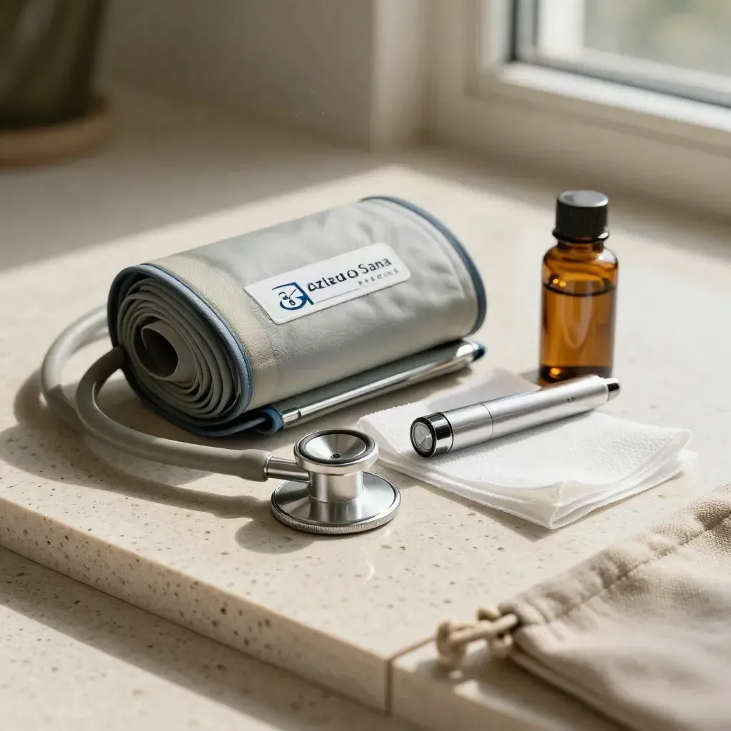Kit medico aziendale con sfigmomanometro, stetoscopio, penlight e garze su travertino.