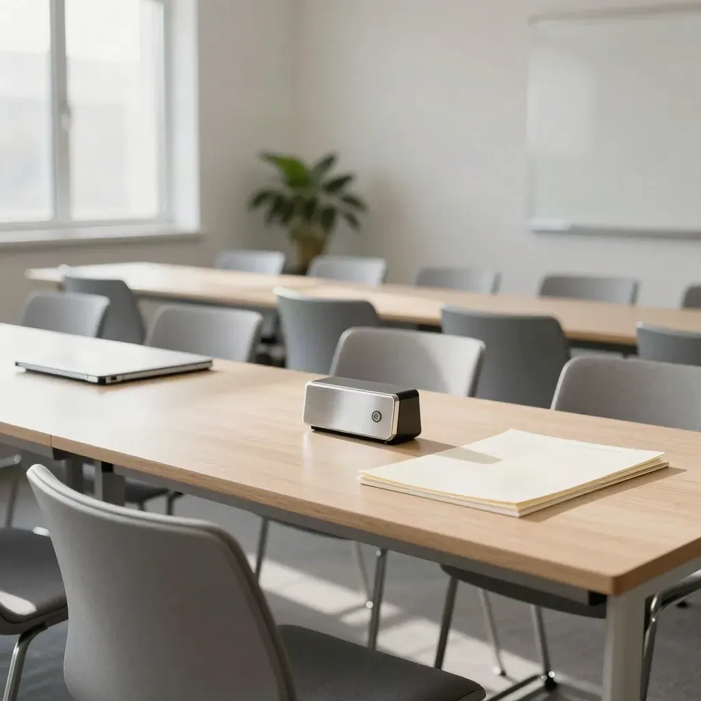 Sala formazione aziendale vuota con sedie ordinate, timer in metallo e pannelli acustici