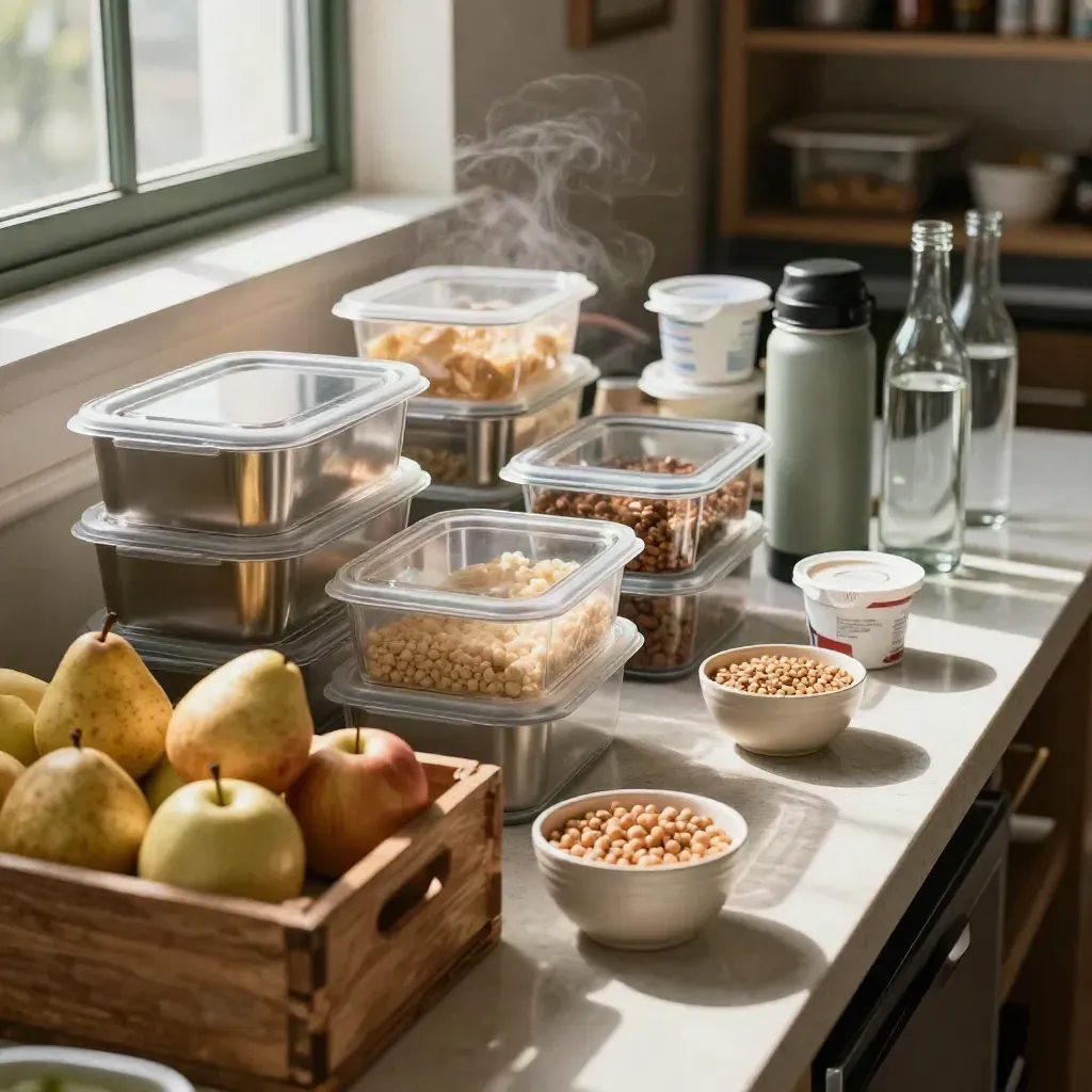 Angolo cucina aziendale con meal-prep, frutta, legumi, thermos e acqua in vetro.